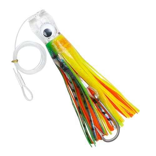 Saltwater Fishing Lures 6/9inch Trolling Lures for Marlin Mahi Tuna Dolphin Shark Big Game Deep Sea Fishing Baits Squid Skirts Rigged Hooks Ocean Gear Tackle - color: Yellow-1pcs, size: 6inch
