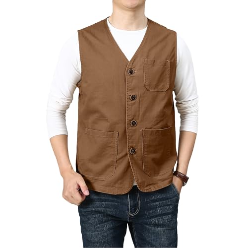 PRIJOUHE Men's Casual Outdoor Cotton Vest Lightweight Breathable Multi-Pocket Fishing Safari Travel Vests Outwear - color: 02-brown, size: Medium