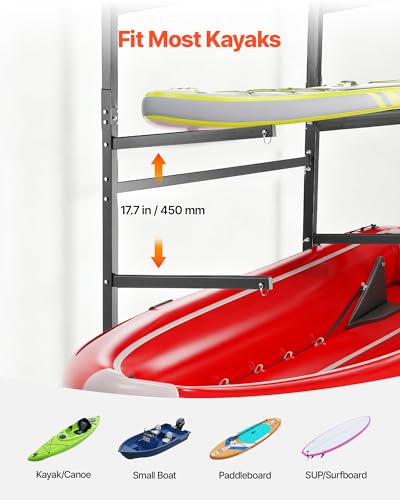 VEVOR Kayak Storage Rack, Heavy Duty Adjustable Freestanding Stand with Lockable Wheels for Indoor Outdoor Garage Shed Dock, Holder for Canoe, SUP, Surfboard & Paddleboard - style: Stand-4 Kayaks-black