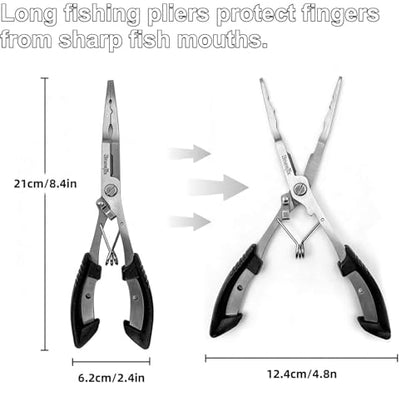 Fishing Pliers Scissors Set (8.4"& 5") with Safety Lock | Multi-function Long Nose Hook Remover, Line Cutter, Crimper; With Anti-Loss Ropes, Rustproof Stainless Steel for Saltwater &