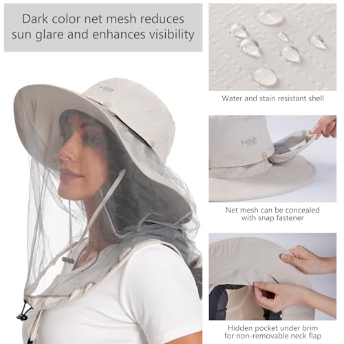 BASSDASH UPF 50+ Mosquito Sun Hat with Hidden Head Net and Neck Flap for Men Women Outdoor Fishing Hiking Camping - color: Beige