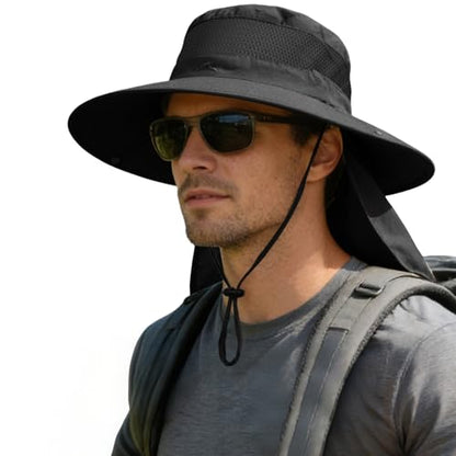 ZOORON Sun Hats for Men Women Fishing Hat with Neck Flap,UPF 50+ Sun Hat Waterproof Wide Brim Bucket Hats for Safari Hiking - color: 1-black(neck Flap)