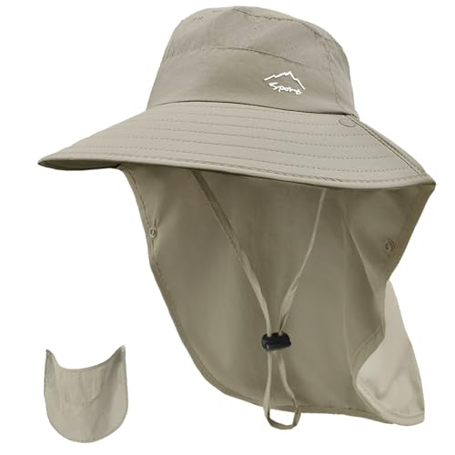 Rosoz Sun Hat for Men Women with Neck Flap,Wide Brim UPF50+ Fishing Hat with Detachable Face Cover Outdoor Sun Protection Hat - color: 1pack-khaki