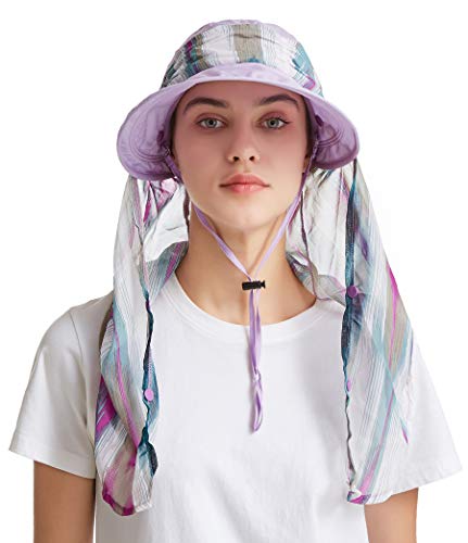 icolor Women Sun Hat UPF 50+ Sun Protection Hat Summer Outdoor Neck Shield Flap Visor Hat Ponytail Hats Wide Brim Beach Hat - color: Lightpurple
