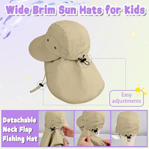 Kids Sun Hat with Detachable Neck Flap for Boys & Girls Wide Brim Fishing Hat for Kids Water Resistant UV Protection - color: 1 Pack-khaki