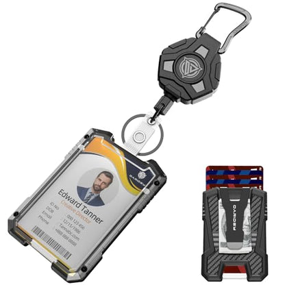 Oaridey Retractable Badge Holders, Heavy Duty Retractable Keychain with Tactical ID Card Holder (Holds 5 Cards), ID Badge Holders with Metal Clip, 31.5' Badge Reel - style: Badge Holder with Keychain