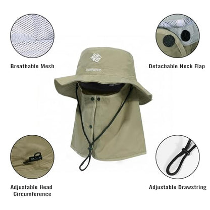 Bucket Hat for Men Women,Waterproof Sun Hat UV Protection with Detachable Face Neck Flap for Outdoors - color: Khaki
