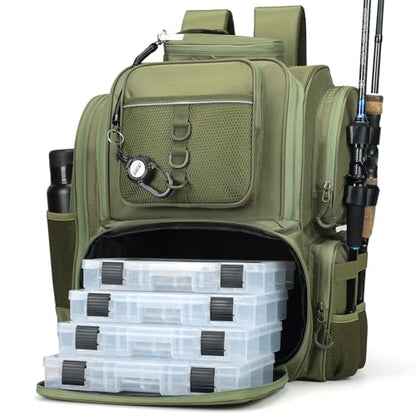 WANOON Fishing Backpack,Tackle Bag,with Tackle Boxes. Large Fishing Bag, Strong Materials - color: Army Green, size: 42L-With Tackle Boxes