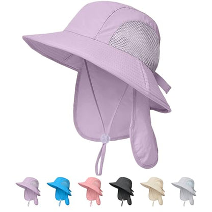 Outdoor Kids Sun Hats with Neck Flap Boys Girls Wide Brim UPF 50+ UV Protection Children Bucket Hat Safari Hat - color: 1pack-purple
