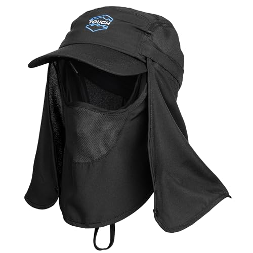 Tough Headwear Fishing Cap w/Face Mask & Neck Flap - Sun Protection Hat with UPF 50 -Landscaping Hats for Women and Men - color: Black