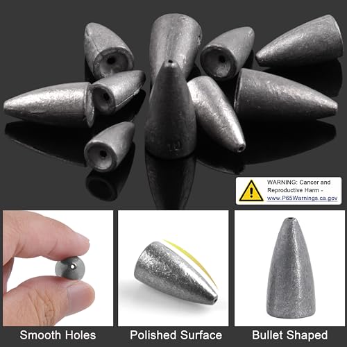 Bullet Fishing Weights Sinkers, 40pcs Worm Weights for Bass Fishing Slip Sinkers Texas Carolina Rig Sliding Weights Lead Fishing Weights Saltwater Freshwater Fishing Tackle - style: 1/16oz-40pcs