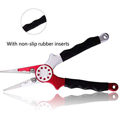 Professional Saltwater/Fresh Water Aluminum Fishing Pliers Tungsten Carbide Cutters Hook Remover with Sheath and Lanyard - color: Red.t