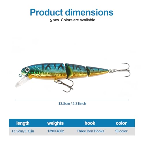 Whopper Fishing Lure for Bass：Popper Top Water Fishing Lures with Floating Rotating Tail Barb Treble Hooks Saltwater Freshwater Plopping Lures Kit - color: 5pcs 3 Jointed