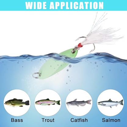 6PCS Fishing Jigs Lures Saltwater Luminous Fishing Spoons Lure Metal Treble Hooks Trout Lures Hard Metal Spinner Baits 5 Sizes Casting Spoon Hooks for Salmon Bass - size: 1/4oz (7g) - 6pcs