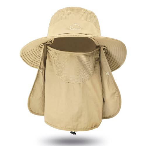 Sun Hat for Men Women, Summer UV Sun Protection Wide Brim Fishing Hat for Men with Face Cover & Neck for Hiking - color: Khaki(with Face Cover & Neck Flap)