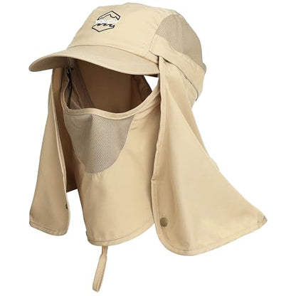 Tough Headwear Fishing Cap w/Face Mask & Neck Flap - Sun Protection Hat with UPF 50 -Landscaping Hats for Women and Men - color: Khaki