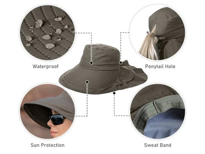 Womens Sun Hat UPF 50+ Wide Brim and Ponytail Hole, Hiking Safari Hat with Neck Flap… - color: Light Grey+army Green
