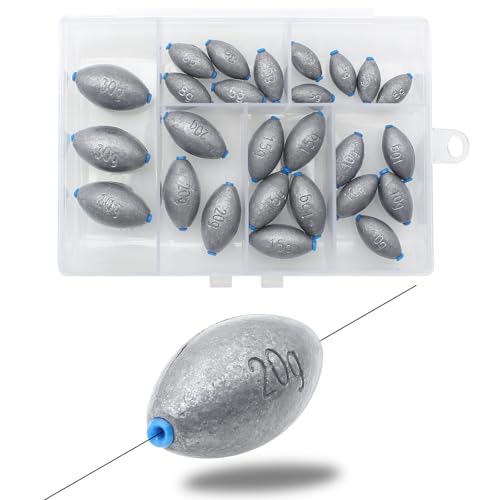 Egg Fishing Sinkers Weights Assortment | 26pcs 5/6 Size Bullet Fishing Weights Lead Oval Shape Bass Casting Worm Bullet Tackle for Saltwater Freshwater Fishing - size: 6 sizes-26pcs
