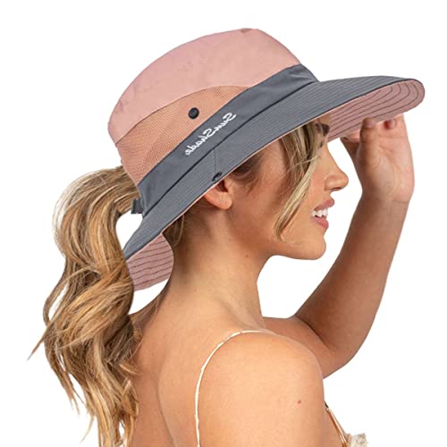 Sun Hat for Women Summer UV Protection Beach Hat Wide Brim Mesh Bucket Fishing Hat with Ponytail Hole Foldable Packable Hat - color: Pink(with Ponytail Hole)