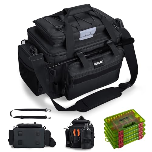 Goture Fishing Tackle Bag with 4pcs 3600 Tackle Boxes, 600D Water-Resistant Soft Side Saltwater Gear Storage Fishing Bag with Rod Straps, Detachable Water Bottle Pouch, Waterproof Bottom, SBS Zippers - color: C2:Black with 4 3600 Tackle Boxes, size: Large