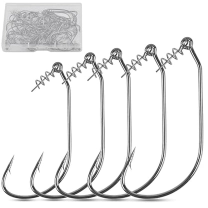 Twistlock Fishing Hooks,50pcs Bass Fishing Worm Hooks with Centering Pin Spring Unweighted Swimbait Hooks for Soft Plastics Lure Baits Saltwater Freshwater Size 1/0 2/0 3/0 4/0 5/0 - size: Size 4/0-50pcs