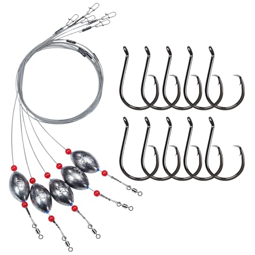 Pre-Rigged Carolina Rig Saltwater, Egg Sinker Grouper Rigs with 10 Circle Hooks, Stainless Steel Leader Fishing Wire, for Snapper Flounder Sea Bass Surf Fishing Bottom Rig - size: 2oz sinker(5pcs)+8/0 hook(10pcs)