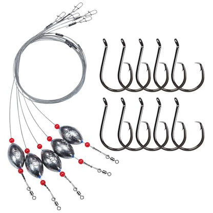 Pre-Rigged Carolina Rig Saltwater, Egg Sinker Grouper Rigs with 10 Circle Hooks, Stainless Steel Leader Fishing Wire, for Snapper Flounder Sea Bass Surf Fishing Bottom Rig - size: 2oz sinker(5pcs)+8/0 hook(10pcs)