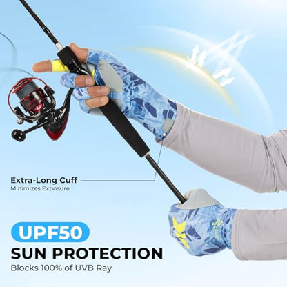 KastKing Agies Fishing Gloves Men, UPF 50+ Sun Gloves UV Protection, Cooling Quick-Dry 3/4 Fingerless Gloves with Extended Cuff, Microfiber Palm & Pull Tabs, for Fishing, Kayaking, Hiking, Hunting - color: X Camo-Blue, size: Large-X-Large