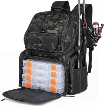 HAMBOLY Fishing Backpack with Tackle Boxes, 50L Fishing Tackle Bag with Cooler & Rod Holders, Waterproof Tackle Bag for Men - color: Dark CM