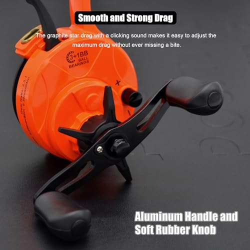 Inline Ice Fishing Reel, Lightweight Graphite Body and Spool, Instant Anti-Reverse, 2.5:1 Gear Ratio, Sensitive Trigger System for One-Handed Operation, Hardwater Fishing for Beginners - color: Glacier Orange - Left Hand