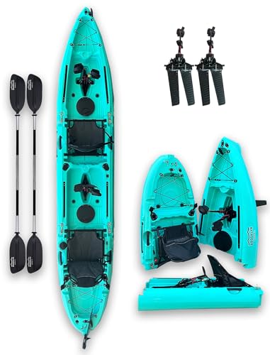 Brooklyn 13.0 Tandem 3-Piece Modular Kayak by BKC, 2-Person Sit-on-Top Kayak, Dual Flipper Drives, Rudder Steering, Rod Holders, Ample Dry Storage - color: Tahiti