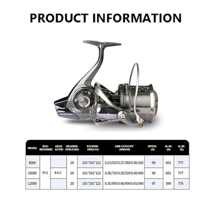 MF Surf Fishing Reel,10000 12000 Size,Long Cast Spinning Reel,56LB Drag Power, 4.6:1 Speed Ratio, Aluminum Spool+ CNC Machine Handle&Carbon Knob, Large Cpacity for Beach & Offshore Fishing