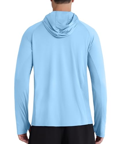 Roadbox UPF 50+ Men's Hooded Fishing Shirts, Long Sleeve UV Sun Protection Hoodie Hiking Running Swim Rash Guard with Mask - color: Light Blue, size: XX-Large
