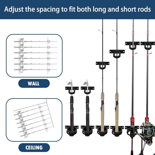 Aventik Ceiling Fishing Rod Holder for Garage Wall Mount Ceiling 4/6 Set Fishing Pole Holders Vertical/Horizontal Roof Rack Garage Door Slide Fishing Rod Rack