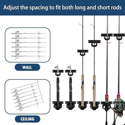 Aventik Ceiling Fishing Rod Holder for Garage Wall Mount Ceiling 4/6 Set Fishing Pole Holders Vertical/Horizontal Roof Rack Garage Door Slide Fishing Rod Rack