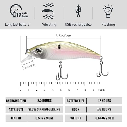 HADORAM Electric Twitching Jerkbait USB Rechargeable LED Lighted Wobbler Luminous Vibrating Minnow Bait, Long Casting Flashing Bass Fishing Lures for Freshwater Saltwater - color: 3.5in-Color 711