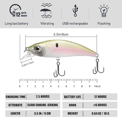 HADORAM Electric Twitching Jerkbait USB Rechargeable LED Lighted Wobbler Luminous Vibrating Minnow Bait, Long Casting Flashing Bass Fishing Lures for Freshwater Saltwater - color: 3.5in-Color 711