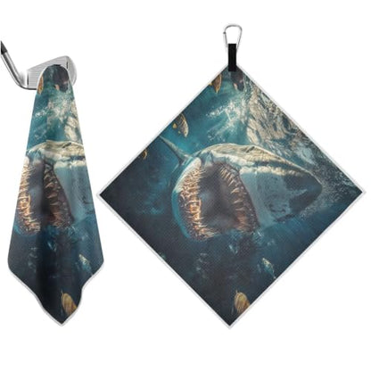 Shark Fish Pattern Magnetic Golf Towel for Golf Bags Microfiber Golf Essentials for Women Men with Carabiner Clip Attaches to Carts and Clubs, 17.7"x17.7"