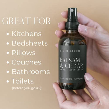 River Birch Luxury Linen and Room Spray - Home Signature Scent Balsam and Cedar Room Fragrance Spray - Fragrant Fresh Linen Air Freshener For Bedding - Handmade in Texas - 4 oz Glass Amber Bottle - color: Balsam + Cedar