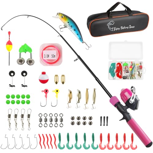 Kids Fishing Pole Kit, 59'' Telescopic Rod and Reel Beginner Combo with Spincast Reel,Tackle Box, Carrier Bag,Fishing Gear for Boys,Girls, Toddler,Youth - color: Pink