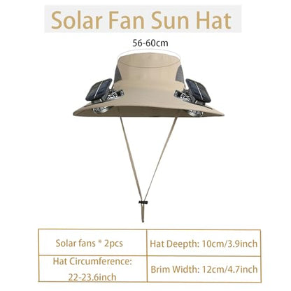 Solar Powered Fan Hat with 2 Fans, Wide Brim Sun Hat for Men Women, Adjustable Cooling Fishing Hat for Outdoor - color: Khaki