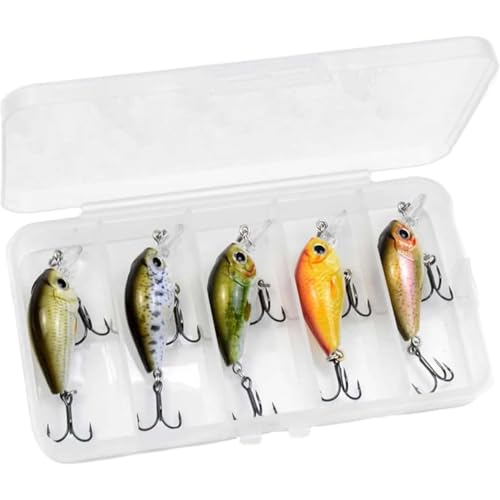 5-Pack Mini Panfish Crankbait - 1.8" 0.12oz Floating Micro Hard Lures, Built-in Rattle, 3D Eyes, Sharp Treble Hooks, Ultralight Finesse Baits for Trout, Crappie, Bluegill, Bass