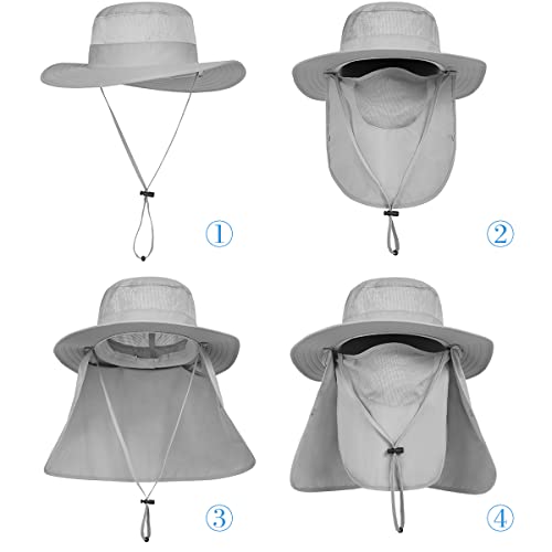 3 Pack Mens Outdoor Wide Brim Fishing Hat,UPF 50+ Sun Protection Cap with Face Neck Flap for Hiking & Garden - color: 3 Pack-dark Grey＆light Grey＆khaki