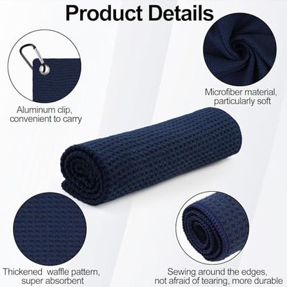 Livious 3 Pack Golf Towels,16" x 16" Portable Microfiber Fabric Waffle Pattern Golf Towel for Golf Bag with Carabiner Clip - color: Black/Gray/Blue