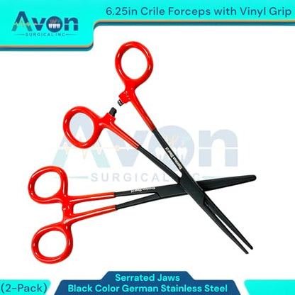 6.25" Multi-Purpose Hemostat Forceps Pliers, Locking, Red Vinyl Grip Handle, Black, German Stainless Steel | Fishing Pliers, Fish Hook Removing, Crafts, Electronics (Set of 2)