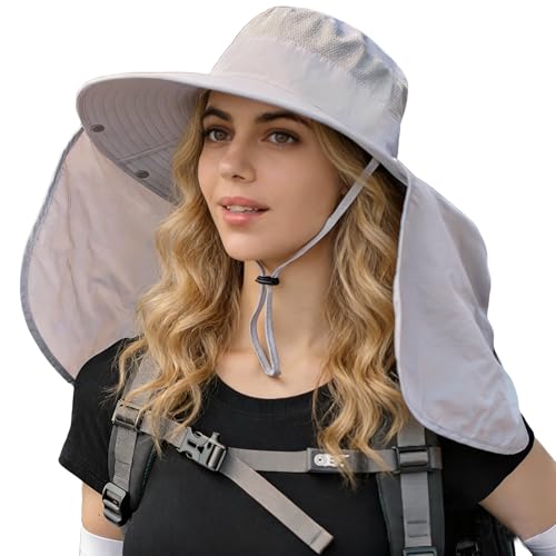 HUAMULAN Women Large Brim Sun Hat with Neck Flap, Men Quick Dry Hiking Fishing Safari Hat UPF 50+ - color: Light Gray With Mesh Panel