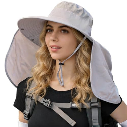 HUAMULAN Women Large Brim Sun Hat with Neck Flap, Men Quick Dry Hiking Fishing Safari Hat UPF 50+ - color: Light Gray With Mesh Panel
