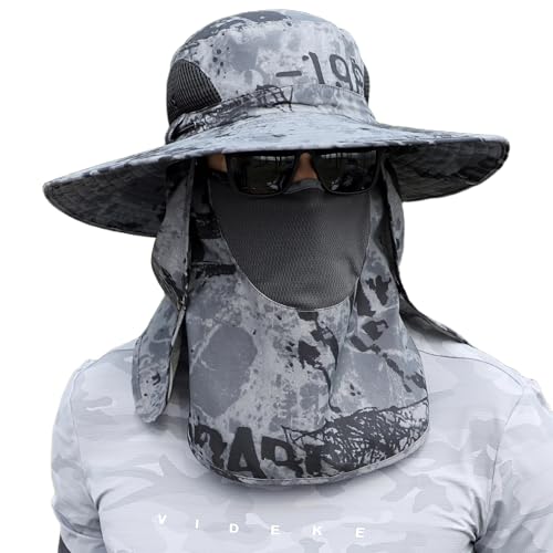 Sun Hat Unisex Face Coverage Shield Neck Flap Cap Garden Lawn Work Sports Hiking Fishing Hats - color: Dark Gray Ink Wash Pattern