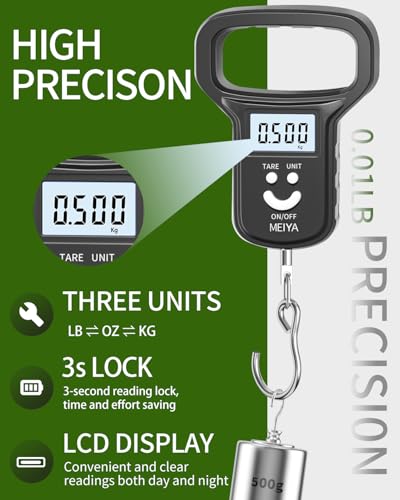 MEIYA Fish Scale/Fishing Scale: Dual Power (Battery/Rechargeable), Extra Wide Handle, Backlit LCD Display, Includes 2 AAA Batteries&USB-C Charging Cable, Fishing Gifts for Men (Black)
