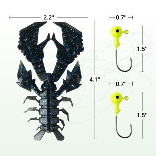 4.1" Crawfish Lure for Bass Fishing, Soft Plastic Craw Bait Kit with Removable Rattles & Jig Head, Reusable Bait Box for Freshwater Bass - color: blue